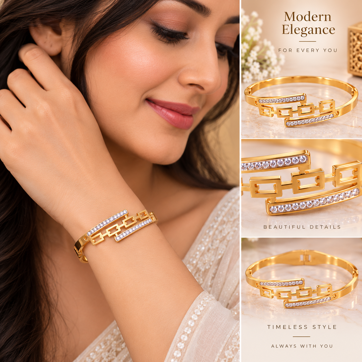 Golden Geometric Link Crystal Bracelet